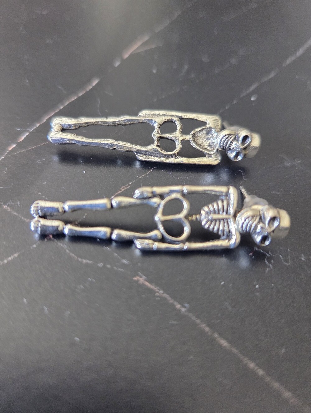 Silver Skeleton Drop Earrings - Cute Skull Studs / Skeleton Dangle Option